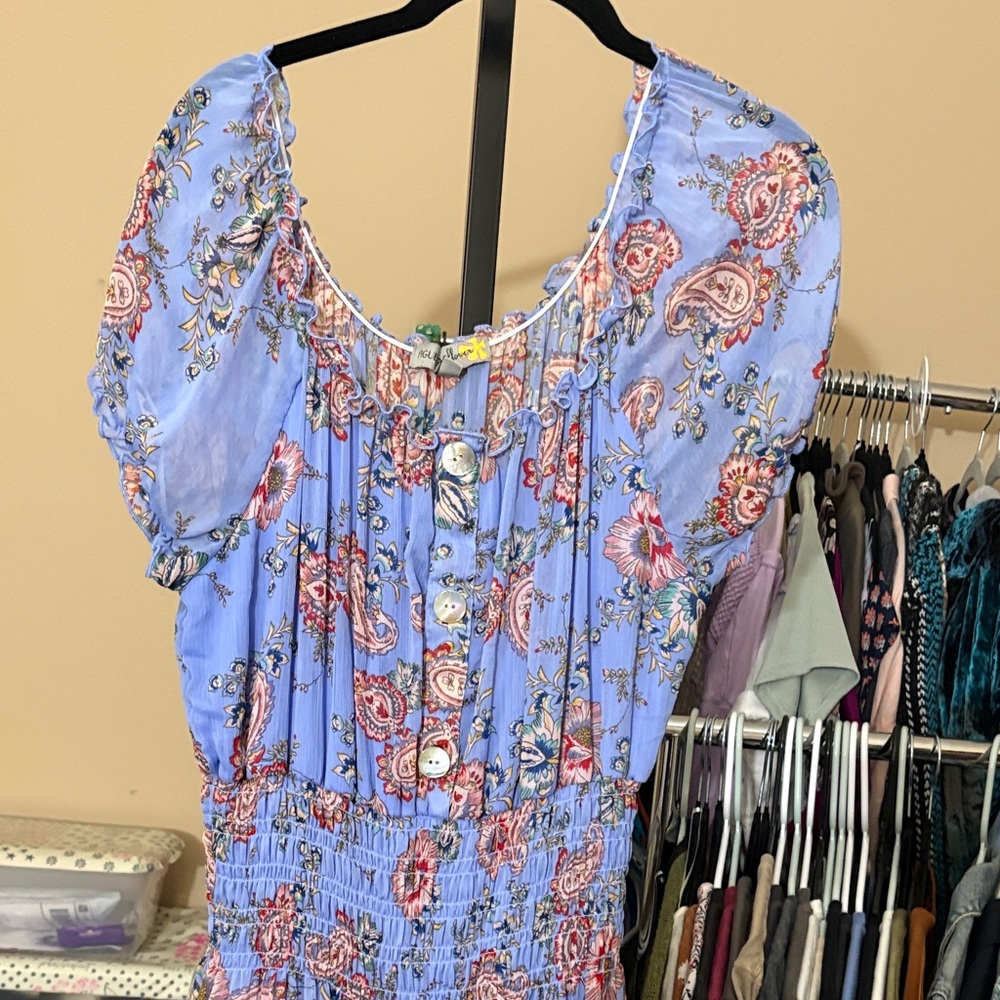 Anthro- Figueroa and Flower- Boho Floral Maxi Dress in Periwinkle- Size XL
